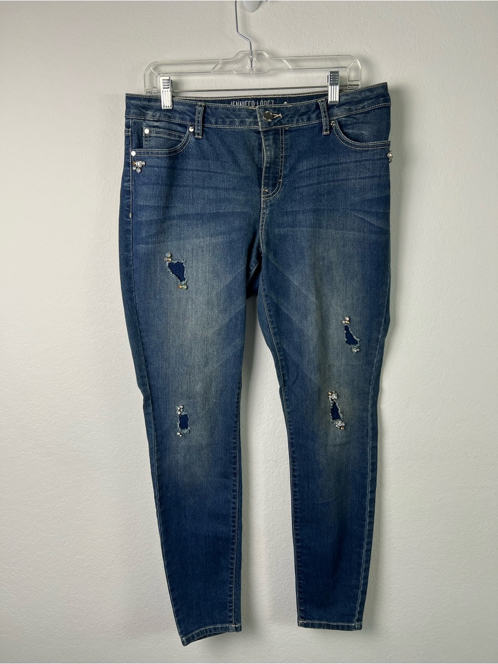 Jennifer Lopez Skinny Rhinestone Distressed Blue Denim Jeans